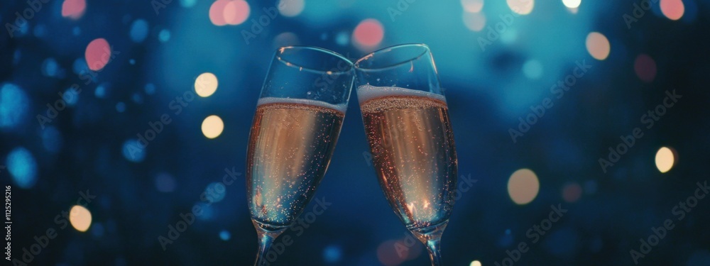 Poster new year's eve toast a film still from the great gatsby, depicts two champagne flutes clinking toget