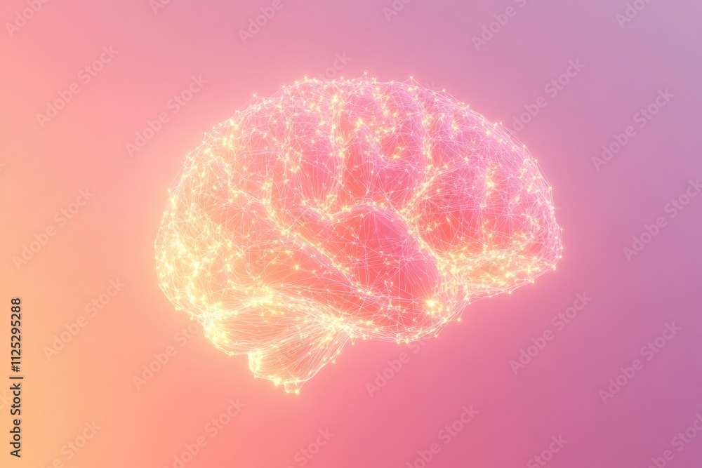 Aufkleber A vibrant brain shaped from glowing light points and lines, set against a soft gradient backdrop, providing ample space for text. Generative AI