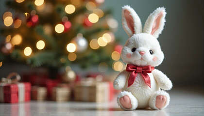 Plush white rabbit sitting next to Christmas tree