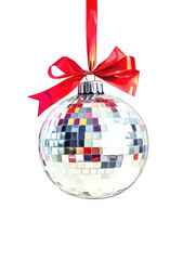 Shiny disco ball with red ribbon and bow