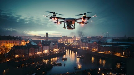 A photo of a drone capturing footage of a city