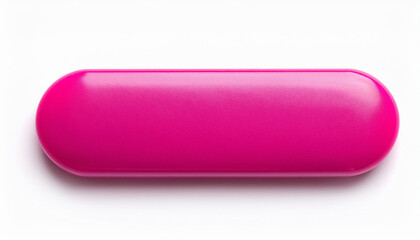 Rectangle pink button isolated on white backdrop. Close-up.