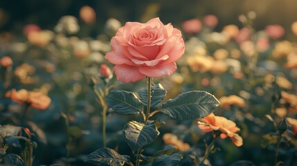A single pink rose in the middle of a field of flowers