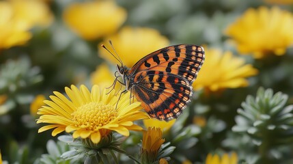 Fototapeta premium A butterfly sitting on top of a yellow flower