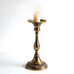 Classic ornamental candle holder with lit candle on minimalist background, photography of still life concept.