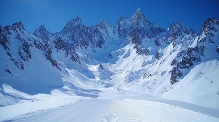 Fototapeta premium A snow covered mountain range with a blue sky in the background
