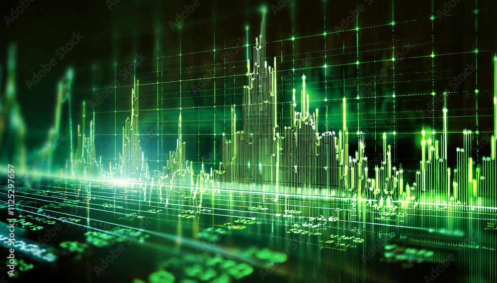 Poster green glowing stock market chart with numbers and data. generative ai.
