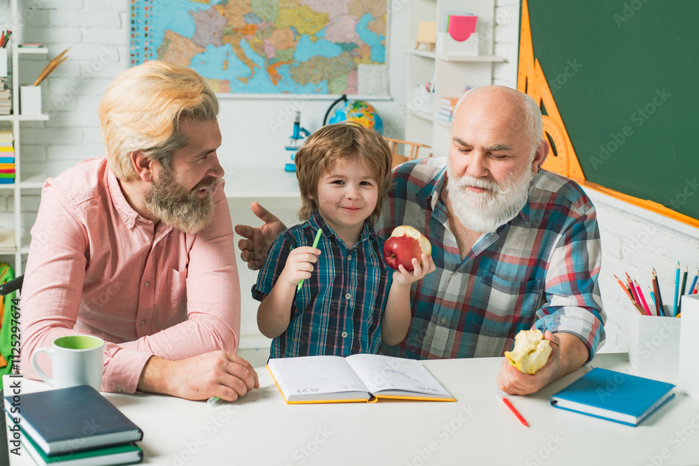 Poster father and son with grandfather learning to write and read at school. men generation. fathers day.