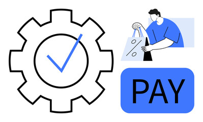 Gear with a checkmark for confirmation, person with shopping bags, and a PAY button. Ideal for ecommerce, online payments, shopping apps, digital transactions, retail security, convenience services