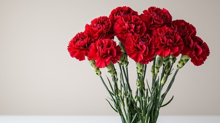 Fototapeta premium A bunch of red carnations in a vase on a table