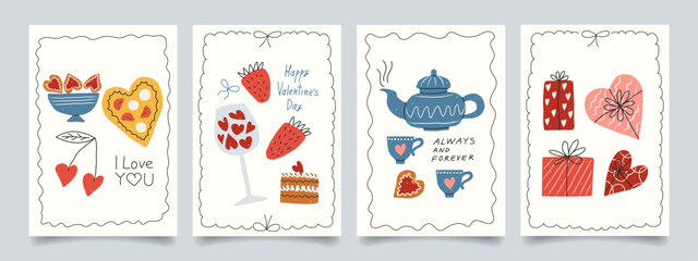 Valentine's day vintage cards, poster set with hand drawn doodle elements. Trendy cute design with wave frames, pizza in heart, gifts, strawberry, bows, sweet cake, cherry. Perfect for cover, banner.