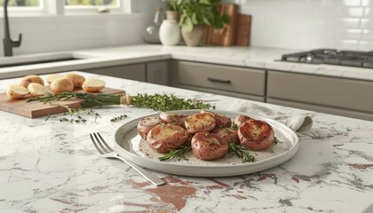 Delicious fried potatoes served on a plate alongside a fork on a cozy kitchen table