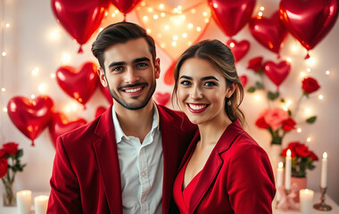 Romantic Couple Posing with Valentine’s Day Decorations and Heart Balloons for Love-Themed Photography.