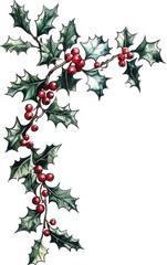 Fototapeta premium Holly Branch with Red Berries and Green Leaves