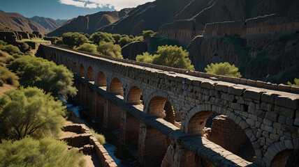 Naklejka premium Capture intricate stonework of an Inca aqueduct with aerial LiDAR scanning providing detailed topographic data that highlights the precision engineering and craftsmanship of the ancient water system
