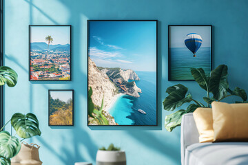 Interior designer working on a travel agency poster mockup with customizable travel pictures on the wall of a blue living room