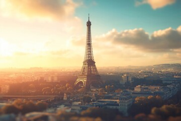 Obraz premium The Eiffel tower in Paris, France, is bathed in golden light as the sun sets over the city