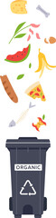 Different types of organic food waste are falling into a gray garbage bin with a recycling symbol, promoting composting and waste reduction
