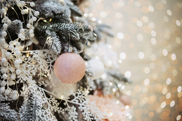 Festive winter scene with decorated Christmas tree and glowing lights