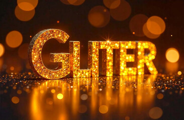Glittering golden word GLITTER on bokeh background