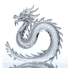 Obraz premium Intricately designed silver dragon sculpture with elegant swirling form, 3d rendering of sculptural art concept.