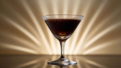 A luxurious espresso martini in frosted glass with gentle condensation and a soft golden glow