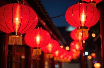 Chinese red lanterns decorate the street at night on Chinese New Year's Eve.