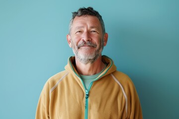 Fototapeta premium Portrait of a blissful man in his 50s wearing a zip-up fleece hoodie in front of pastel blue background