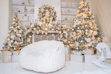 Cozy winter setting with Christmas trees and festive decorations for 2025