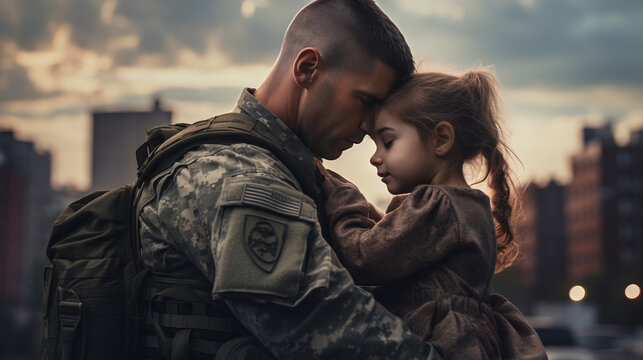 Soldier hugging sad little daughter while leaving for war. A man rescues and calms a frightened child during the fighting.