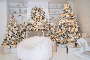 Winter wonderland with beautifully decorated Christmas trees and gift boxes