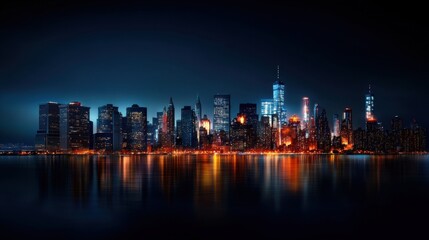 Fototapeta premium A city skyline at night with the lights of the buildings reflecting on the water