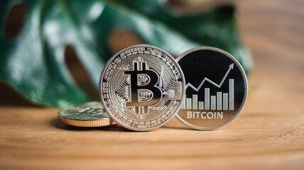 Shiny silver crypto coins on the table from different sides. Digitization