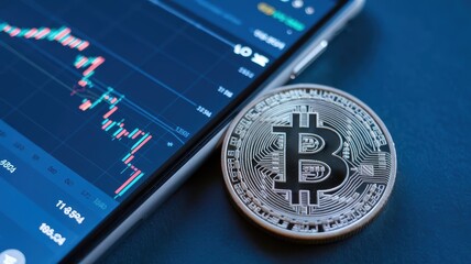 A large coin with a bitcoin symbol in focus, and a bright graph illustrating economic growth behind on a phone monitor