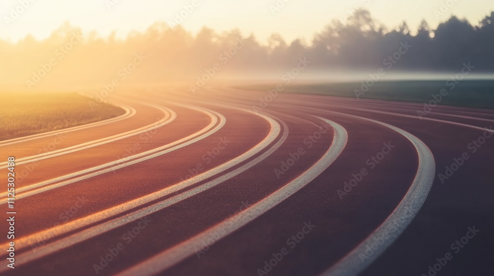 Poster a curved running track extends into the distance under a soft sunrise, surrounded by trees and shrou
