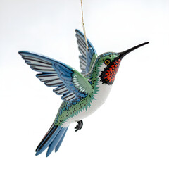 Colorful hanging hummingbird figurine with intricate detailing and graceful pose, photography of still life concept.