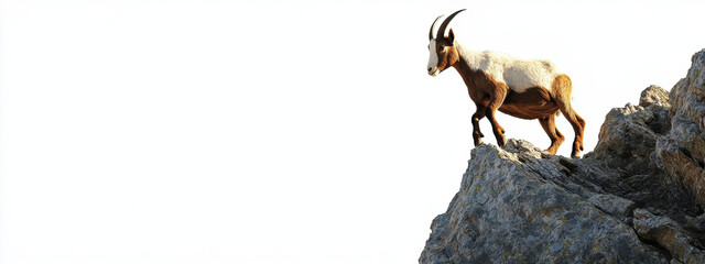 A majestic goat with brown and white fur stands confidently on a rocky cliff, bathed in bright sunlight against a clear sky.