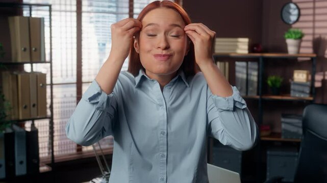 Caucasian excited amazed wonder surprised businesswoman amazing offer opportunity brain explosion head girl lady female business woman in office open mouth big eyes good news say wow winning achieve