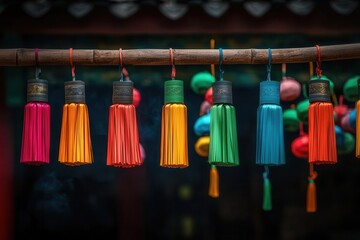 Chinese firecrackers concept. Vibrant strings of firecrackers decorating a public square during a festival, Chinese firecrackers tradition good luck, communal celebration