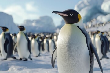 Obraz premium Emperor penguin standing out in its colony with snowy ice floe and glaciers in the background