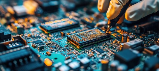 Obraz premium High-Tech Precision: Microchip Installation on Circuit Board