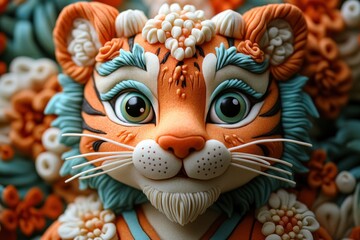 Fototapeta premium A vibrant, whimsical tiger sculpture adorned with floral details and expressive features.