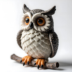 Obraz premium Charming owl sculpture with detailed feathers perched on a branch, photography of still life concept.