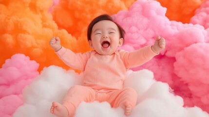 Joyful baby laughing amongst colorful fluffy clouds