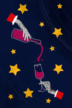 Trend template sketch design 3D photo collage of merry christmas winter newyear holiday hand hold glass wine bottle pour alcohol