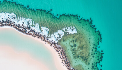 Stunning Aerial View of Waves Crashing Against Rocky Shoreline by Crystal Clear Turquoise Waters