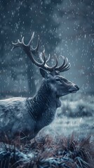 Naklejka premium A majestic white deer with perfect antlers, and beautiful rainy scenery