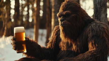 Bigfoot enjoys a cold beer in the winter forest