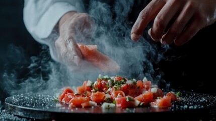 Chef Preparing Salmon Ceviche Dish With Smoke