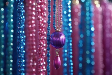 Colorful decorative beads and ornaments create a vibrant, festive atmosphere.